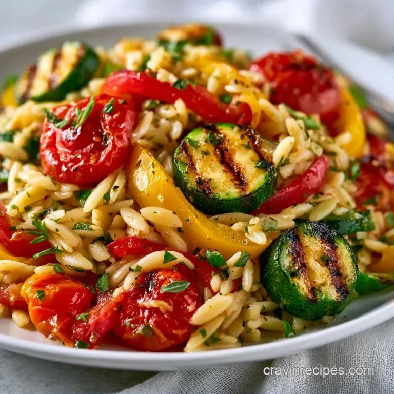 Vibrant roasted peppers and golden zucchini mixed with small pasta in a white bowl, topped with fresh parsley.