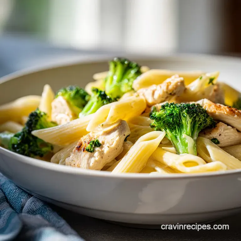 A polished white ceramic bowl featuring creamy pasta, bright green broccoli, and golden chicken with fresh herbs.