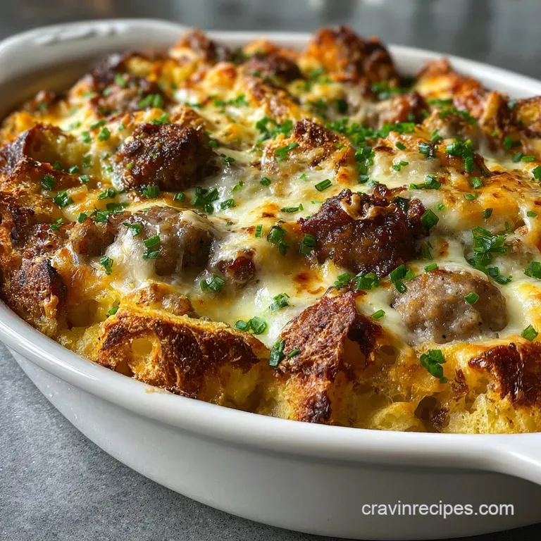 A square of sausage casserole on a white plate, steam rising. Fluffy eggs, browned sausage, and melted cheese create a tem...