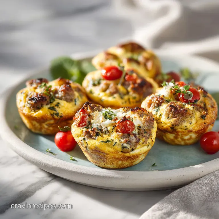 Fluffy sausage muffin halves on a plate show the browned crust with melted cheese and herbs adding a delicious savory hint.
