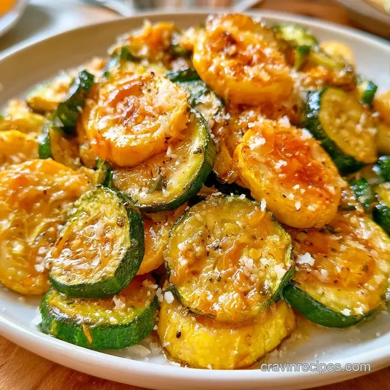 Sliced green and yellow summer squash arranged neatly on a white ceramic platter with a sprig of fresh parsley.