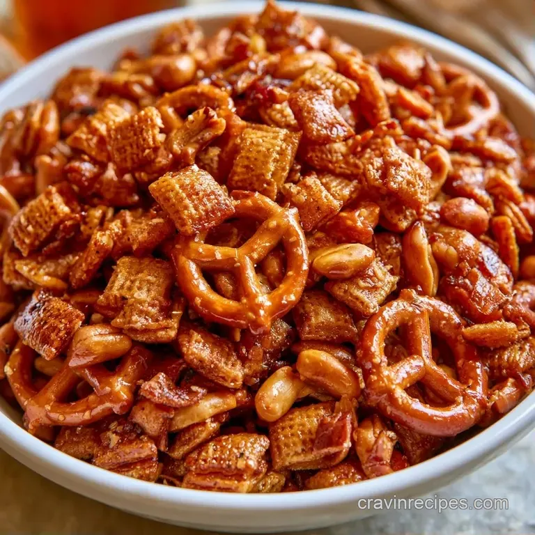 Heaping wooden bowl of toasted golden cereal squares and pretzels set against a bright, minimal party background.