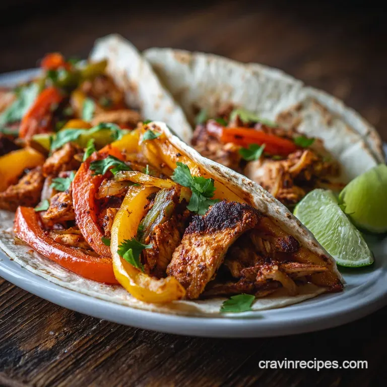 Plated fajitas: juicy chicken strips & colorful sauteed peppers piled high in a warm tortilla, a flavorful inviting meal.