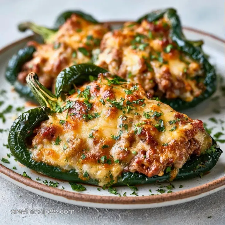 Charred green peppers filled with savory beef and melted cheese, garnished with fresh cilantro on a white plate.