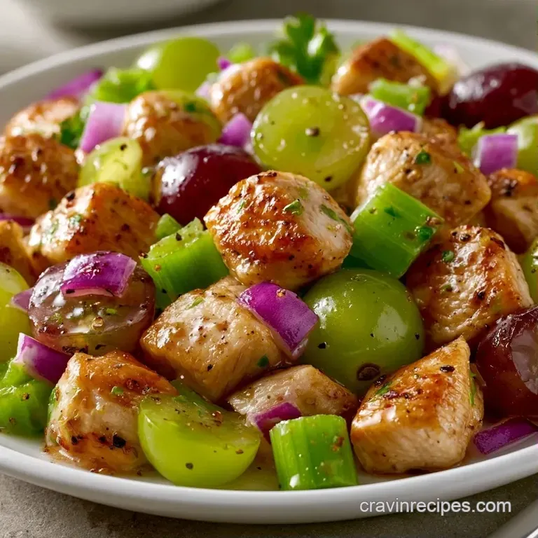 A colorful medley of diced chicken and garden vegetables in a white ceramic bowl with a light citrus drizzle.