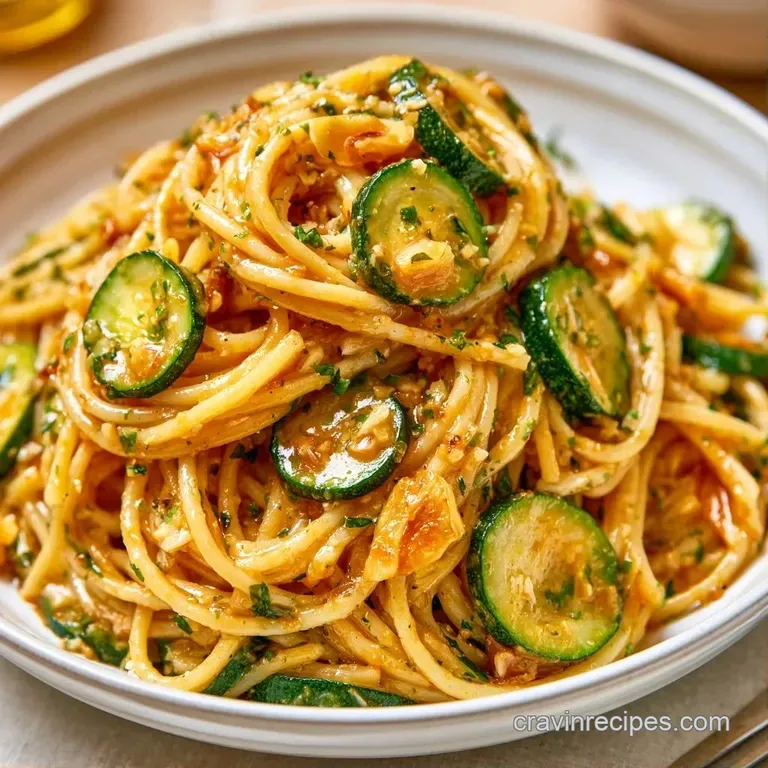 A shallow white bowl of glossy pasta and zucchini, topped with fresh parsley and a dusting of white parmesan.