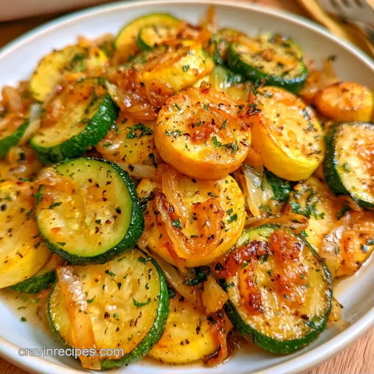 Bright green and yellow squash rounds arranged on a clean white plate, garnished with a sprig of fresh parsley.