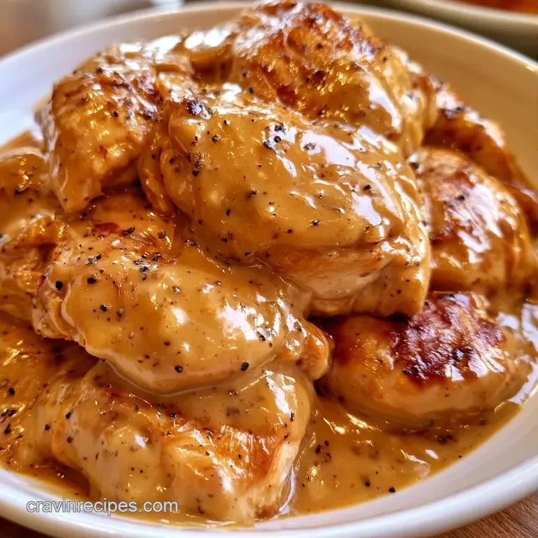 Golden chicken thighs draped in a silky brown sauce, elegantly plated with creamy mashed potatoes and fresh herbs.