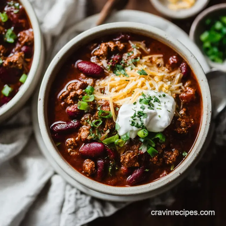 A spoonful of hearty chili is suspended above the bowl, steam rising, garnished with bright green cilantro, atop a white t...