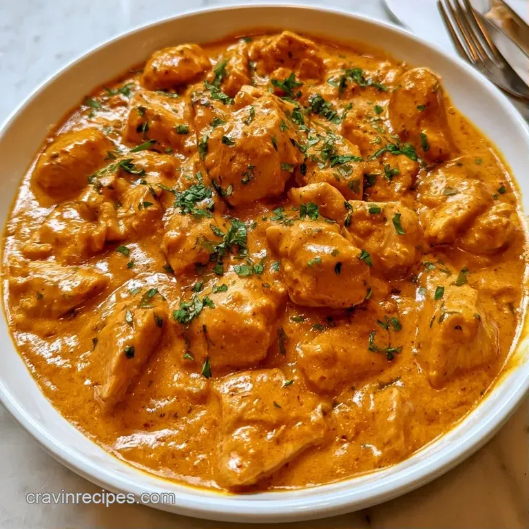 Golden-yellow curry in a white bowl garnished with fresh green herbs and sliced red peppers on a rustic wooden table.