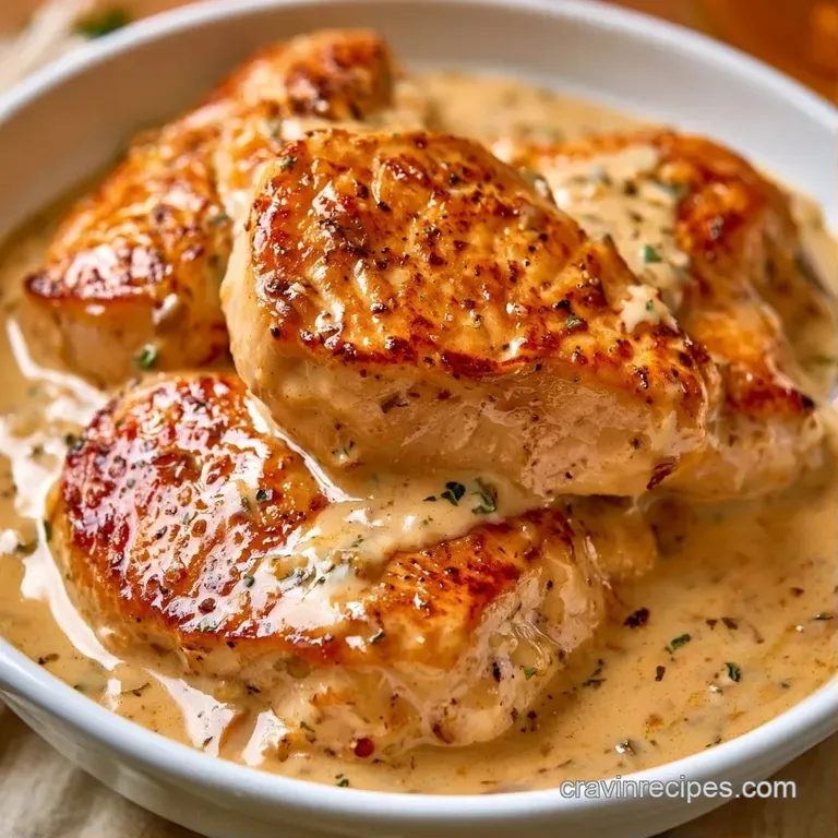Seared golden chicken breasts topped with melted white cheese and herbs, served on a white porcelain plate.