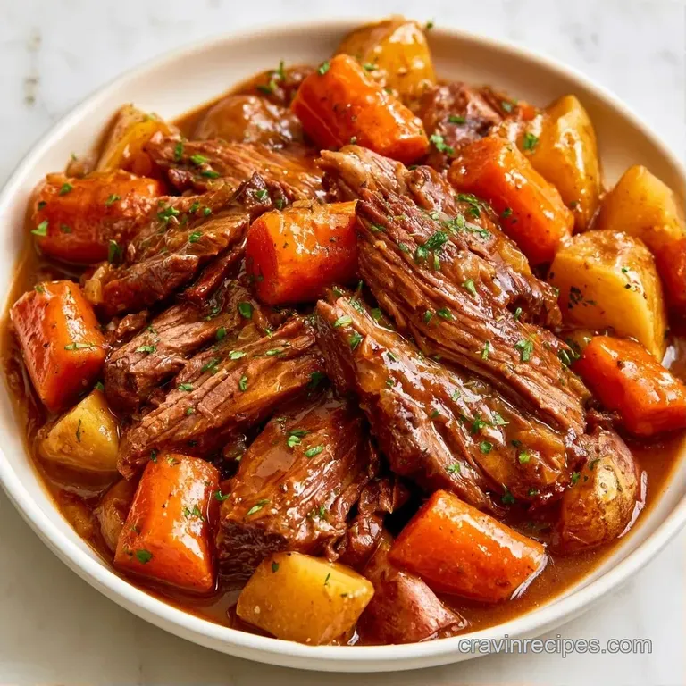 Tender beef slices paired with soft carrots and gold potatoes, drizzled with a rich, glossy dark brown savory sauce.