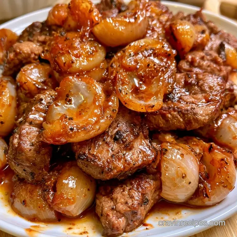 Slices of tender beef topped with jammy caramelized onions and fresh parsley on a minimalist white ceramic plate.