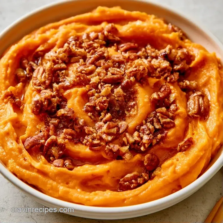 A scoop of vibrant orange mash on a white plate, topped with toasted pecans and a drizzle of glistening syrup.