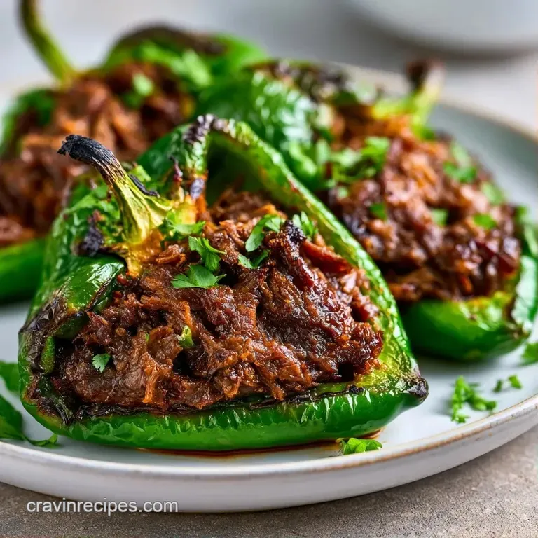 Blistered green peppers overflowing with tender meat on a white platter, accented by vibrant lime and fresh greens.