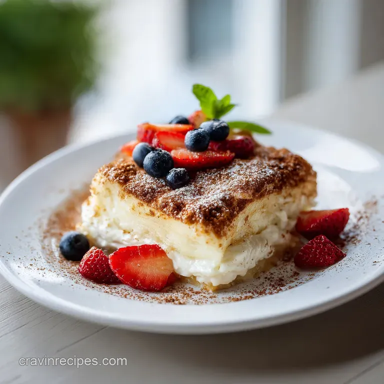 A single square sopapilla cheesecake bar with flaky layers, powdered sugar and cinnamon in a bright dessert plate.
