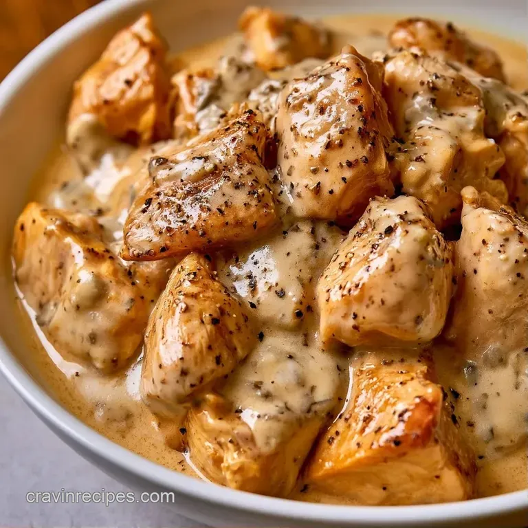 Creamy white chicken pieces served over fluffy mashed potatoes in a white ceramic bowl with a sprig of fresh thyme.
