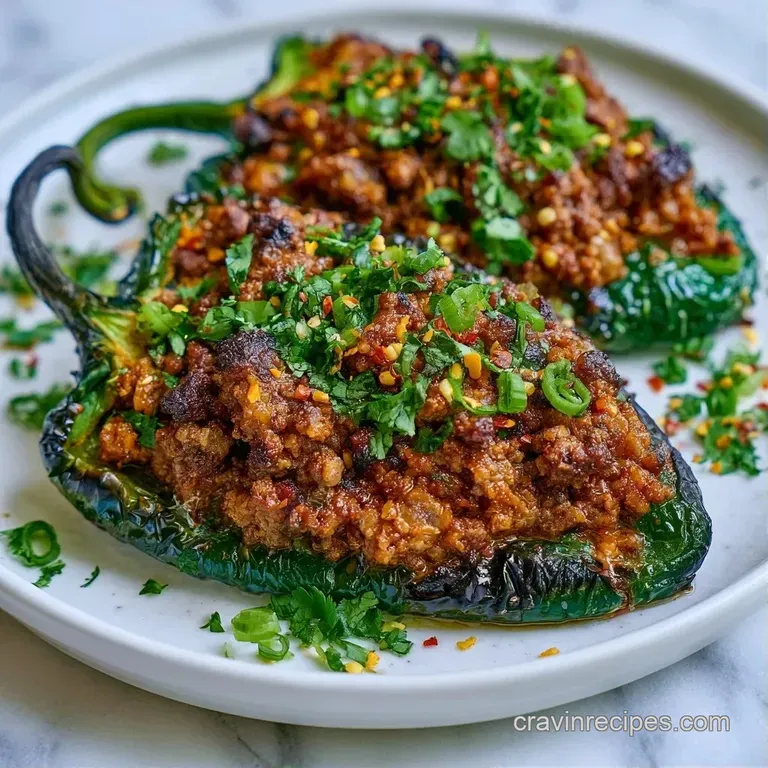 Three charred green peppers filled with seasoned meat and bubbly cheese, drizzled with crema and fresh cilantro leaves.
