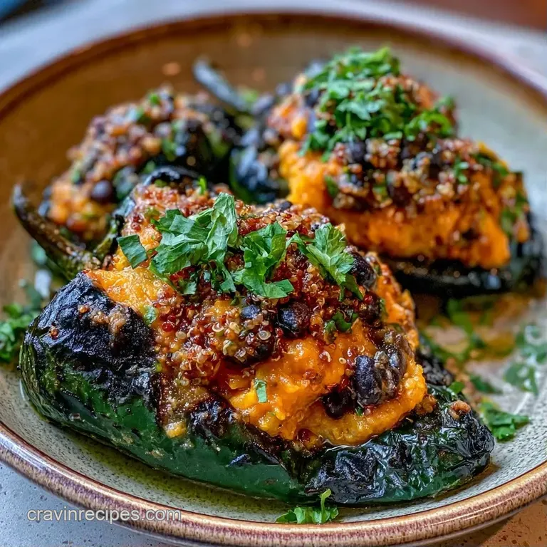 Two charred green peppers filled with colorful grains on a white ceramic plate with a drizzle of creamy sauce.