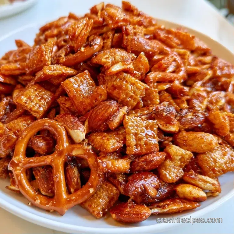 Vibrant orange-coated savory snack mix piled high on a white ceramic platter against a dark autumn backdrop