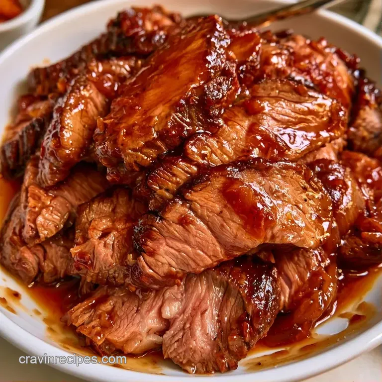 Slices of melt-in-your-mouth beef on a white ceramic plate, drizzled with dark sauce and bright green herbs.