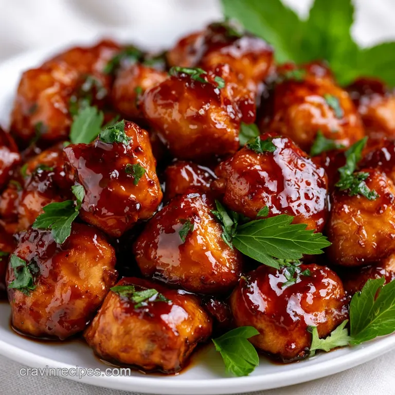 A ceramic bowl filled with glazed chicken pieces, bright green scallions, and toasted sesame seeds on a wooden table.