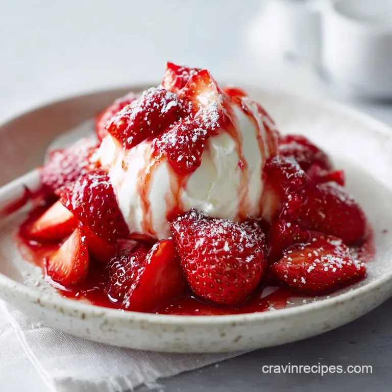 A swirl of soft, pale cream elegantly topped with glistening, ruby-red strawberry slices on a white plate.