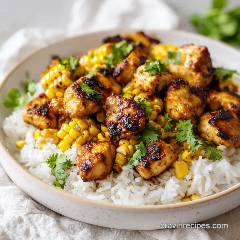 Vibrant bowl of golden chicken and charred corn kernels topped with creamy sauce and a sprig of fresh cilantro.