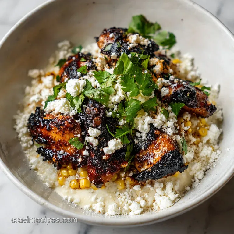 A colorful bowl featuring grilled chicken, golden corn, and bright green cilantro topped with a creamy white sauce.