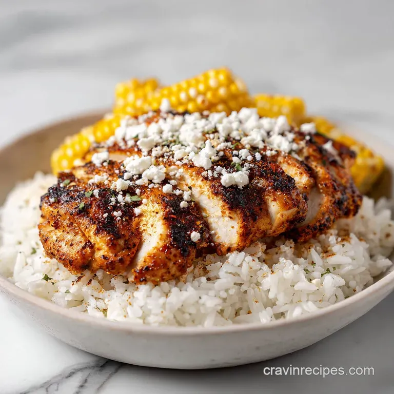 Grilled chicken and charred corn in a ceramic bowl, garnished with creamy white sauce and bright green cilantro.