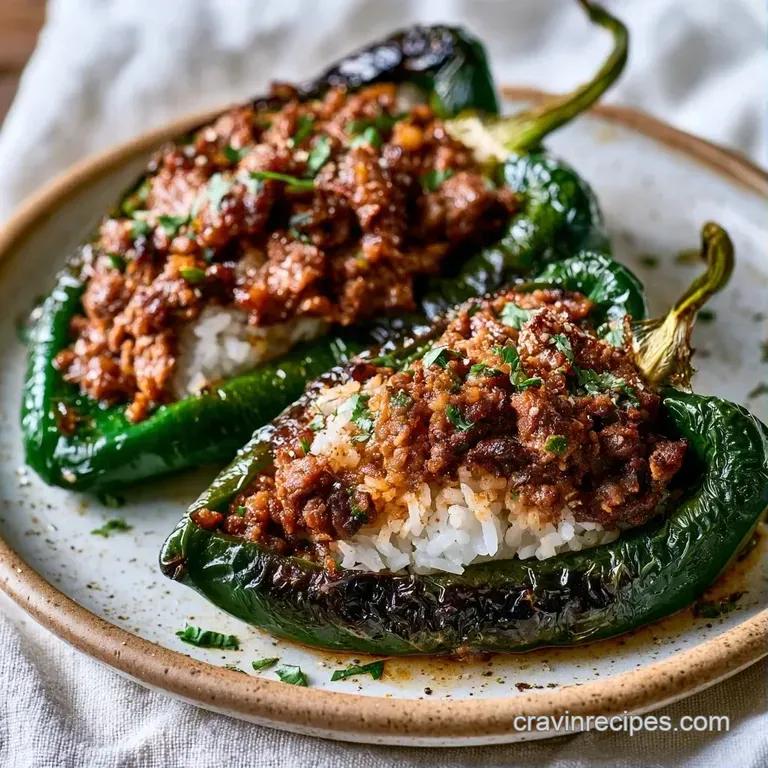 A charred green stuffed pepper on a white ceramic plate with a swirl of cream and a sprinkle of fresh cilantro.