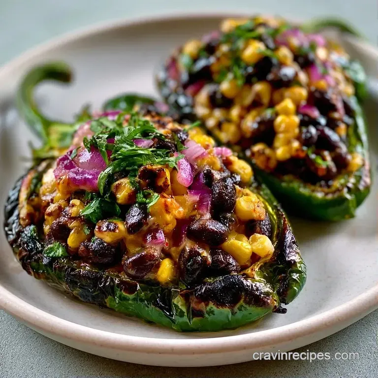 Three roasted dark green peppers on a ceramic platter, garnished with fresh cilantro and bright lime wedges.