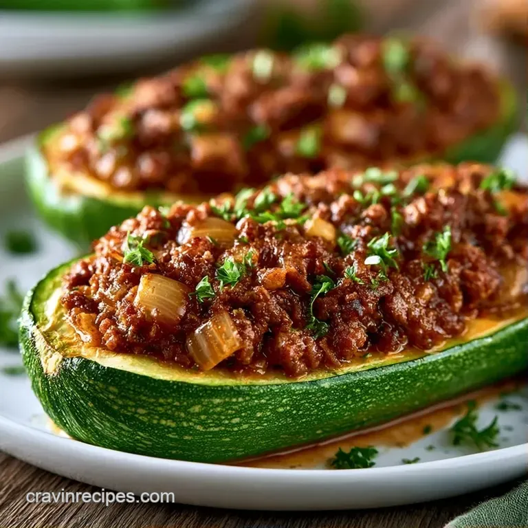 Elegant zucchini boats filled with browned meat and bubbling cheese, plated on white porcelain with fresh garnish.
