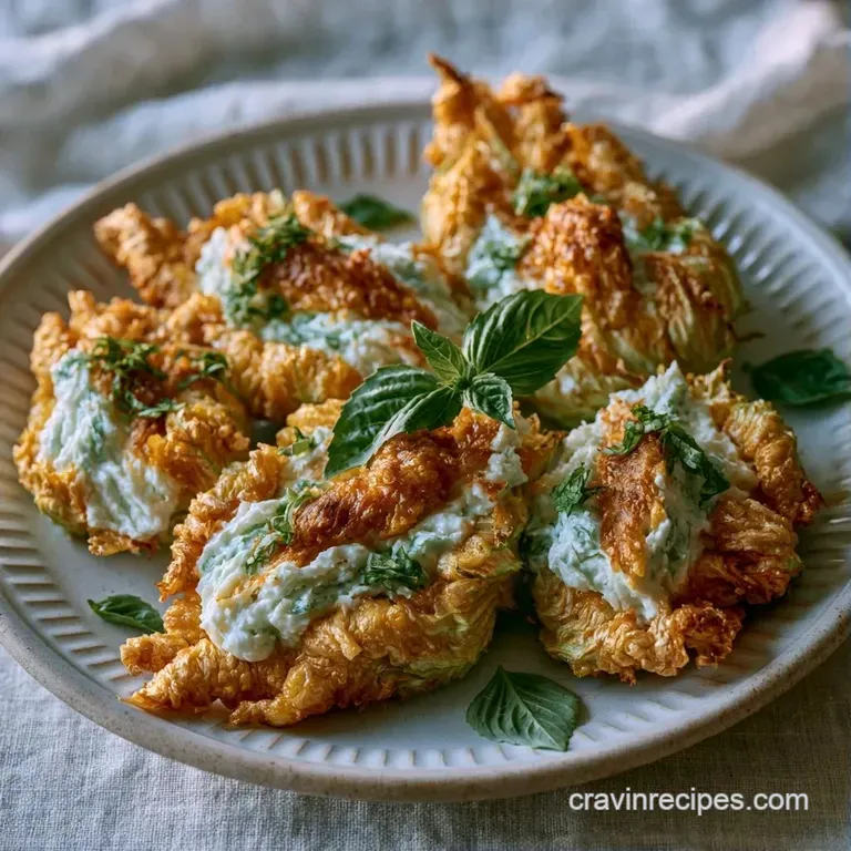 Elegant plate featuring three stuffed zucchini flowers, surrounded by bright green basil leaves and a balsamic reduction d...