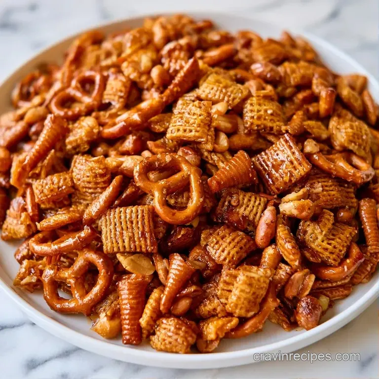 Corn cone snacks and grid-shaped cereal squares tossed in a shimmering glaze on a white ceramic platter