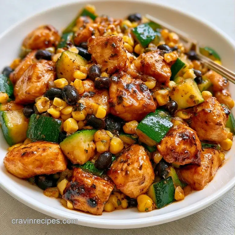 Colorful stir-fry of seared chicken and tender zucchini garnished with fresh cilantro and a lime wedge on a white plate.