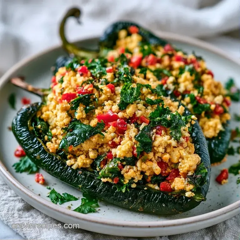 Three charred green peppers filled with savory tofu, drizzled with white crema and sprinkled with fresh cilantro
