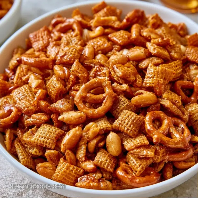 Golden seasoned cereal mix and pretzels piled high on a dark wooden platter with scattered roasted almonds.