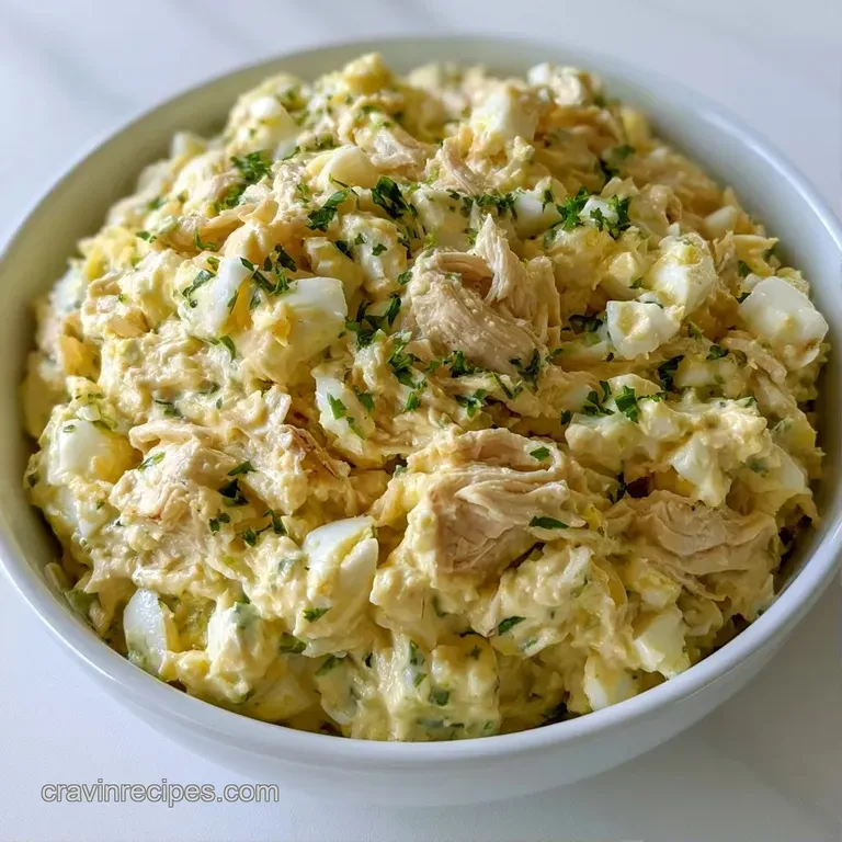 A scoop of creamy chicken salad atop a toasted, flaky croissant with a fresh parsley sprig on a slate plate.