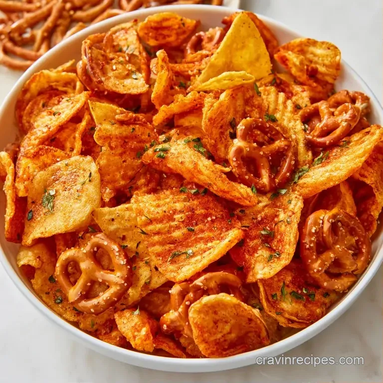 Toasted golden pretzels and savory crunchy cereal bits artfully piled in a white bowl on a rustic wood surface.