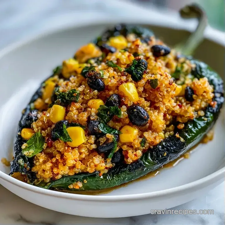 Three roasted green peppers filled with melted cheese and colorful grains, arranged elegantly on a dark slate board.