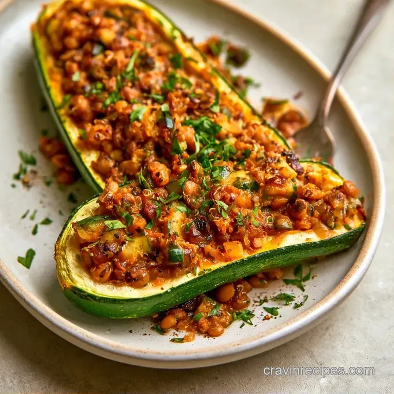 Two roasted zucchini boats filled with colorful grains, drizzled with creamy sauce on a matte ceramic platter.