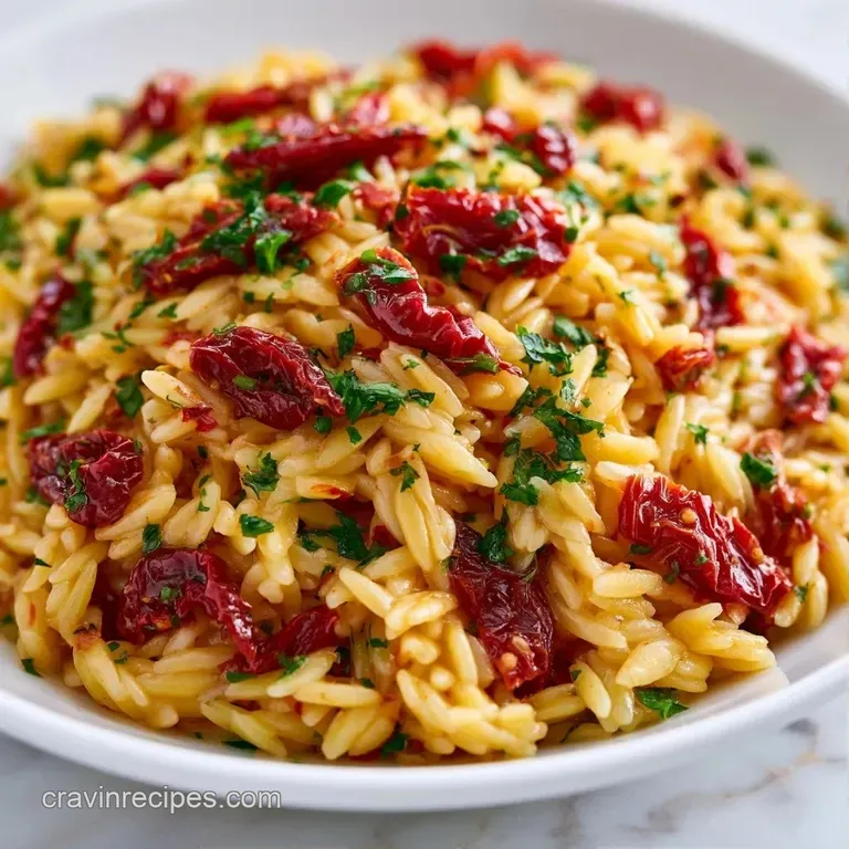 Creamy white pasta bake topped with fresh herbs and red sun-dried tomatoes in a rustic ceramic bowl on a linen cloth.
