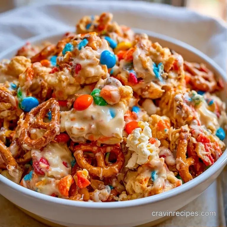 Neatly stacked piles of glossy white chocolate clusters with colorful candy gems on a minimalist ceramic plate.