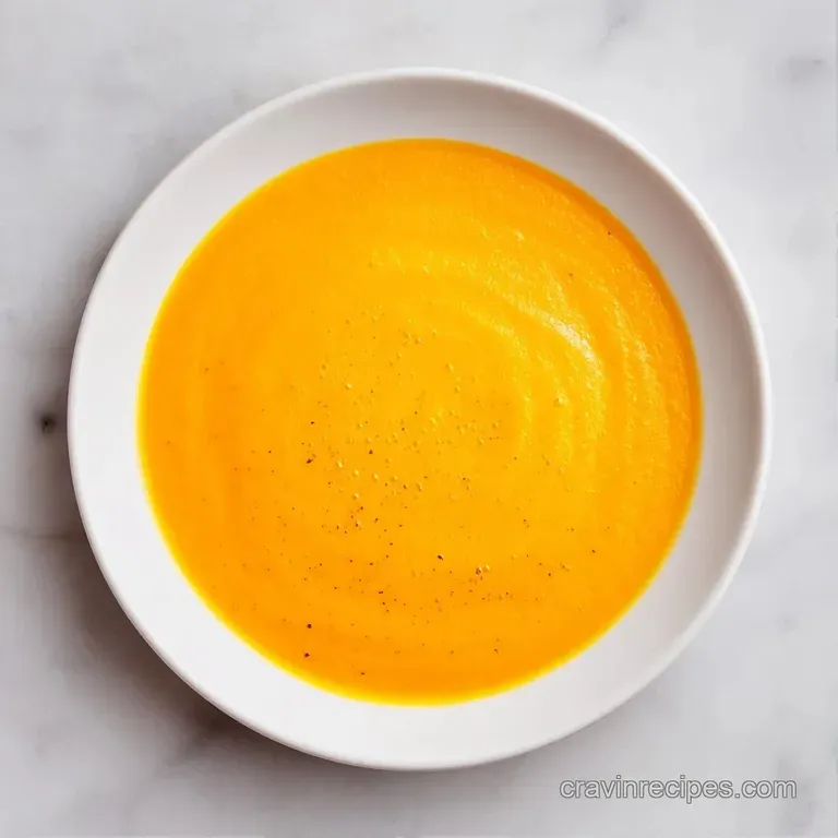 Elegant white bowl of smooth golden puree garnished with a sprig of fresh thyme and golden toasted sourdough cubes.