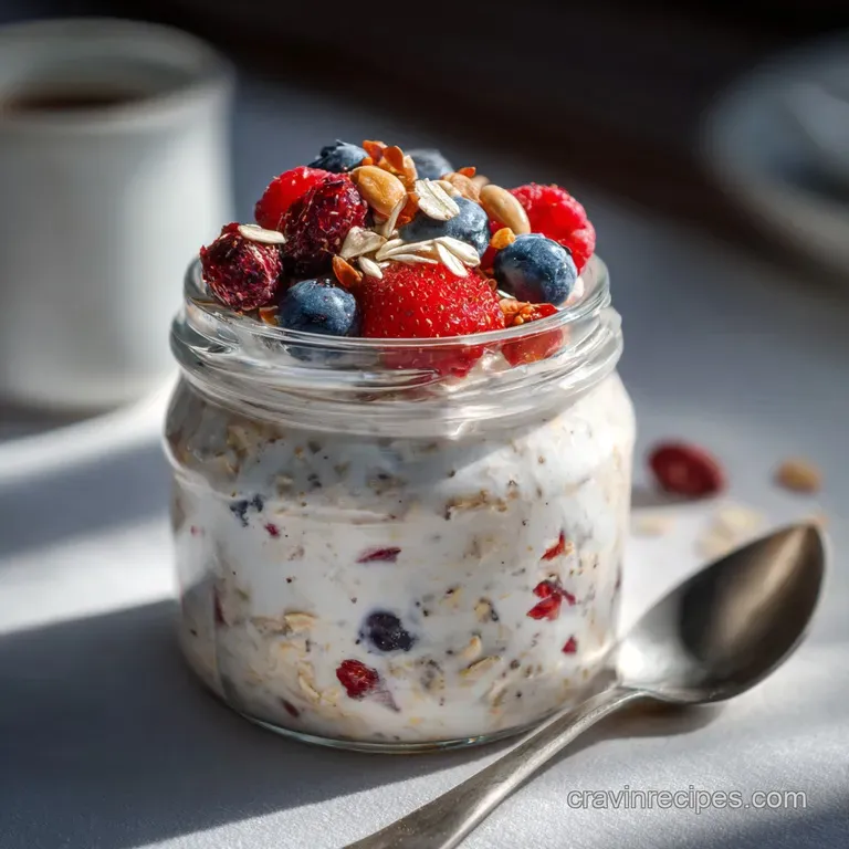 Individual glass jars filled with layers of soft, soaked oats, bright berries, and a swirl of creamy, thick yogurt for a f...