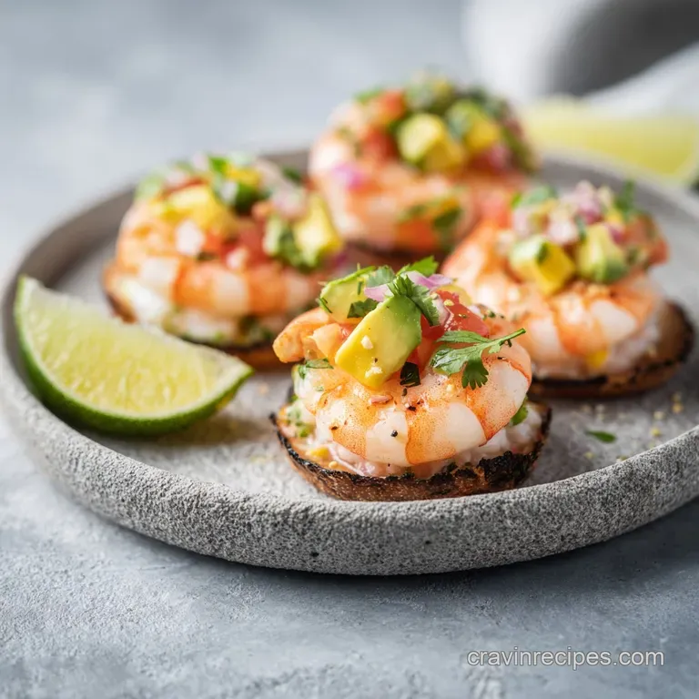Delicate pink shrimp arranged artfully on a small white plate, drizzled with a clear, glistening sauce.