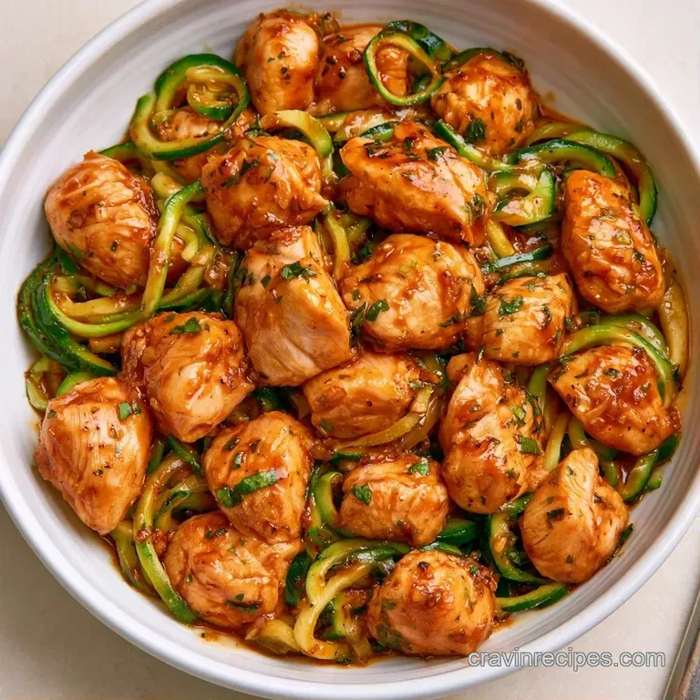Tender chicken and green zucchini swirls plated in a white ceramic bowl, garnished with fresh parsley and black pepper.