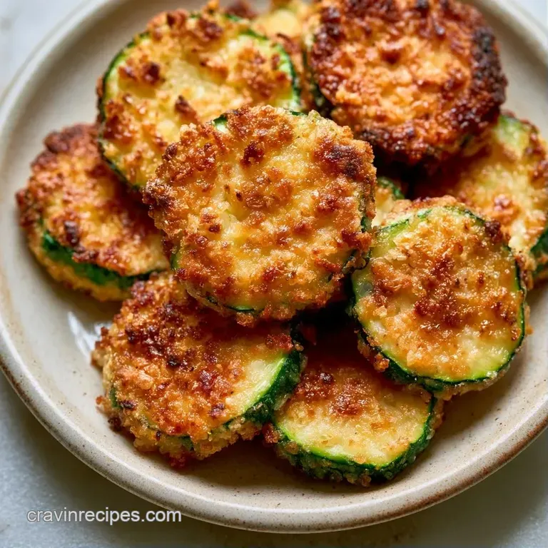A neat stack of cheesy zucchini rounds on a slate plate, garnished with a sprig of fresh parsley and cracked pepper.