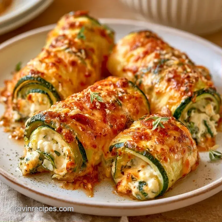 Slices of rolled green squash nestled in red sauce on a white ceramic plate, garnished with fresh basil leaves.